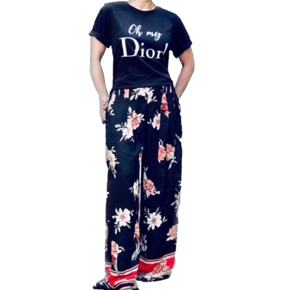 Black Floral w/ Side Bow Wide Leg Pants